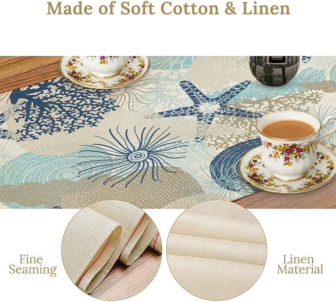 Nautical Coastal Table Runner，Ocean Themed Starfish Coral Conch Beach Kitchen Dinning Table Decoration for Indoor Outdoor Home Party Decor 13x36 Inch