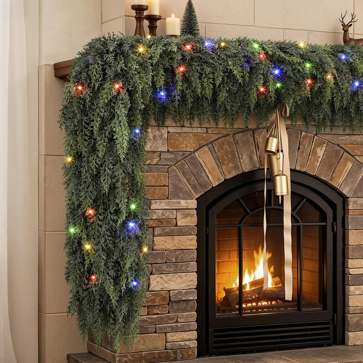 9ft pre-lit cedar christmas garland with lights, real shown in use