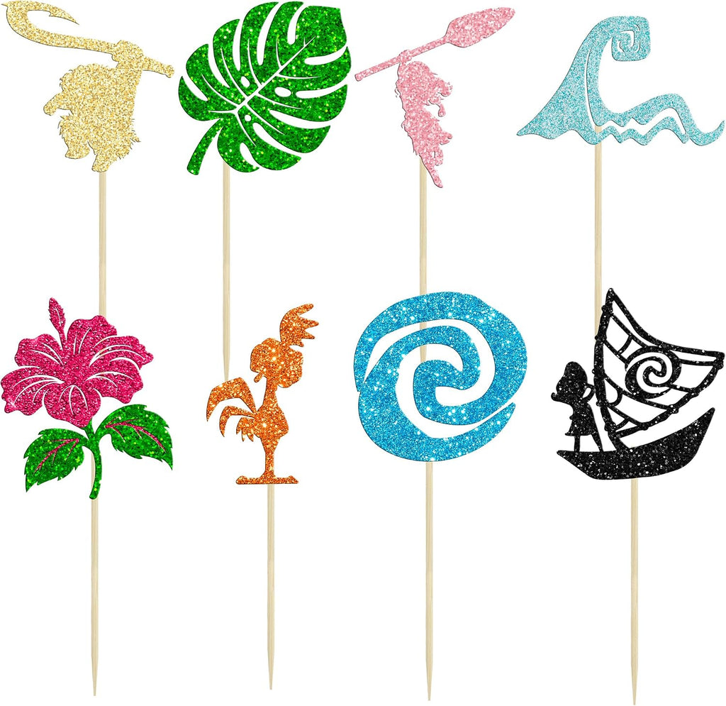 Ephlyn 32Pcs Moa Inspired Cupcake Toppers Glitter Palm Leaf Flower Cupcake Picks Tropical Hawaiian Luau Theme Cake Decorations for Baby Shower Birthday Party Cake Supplies Multi