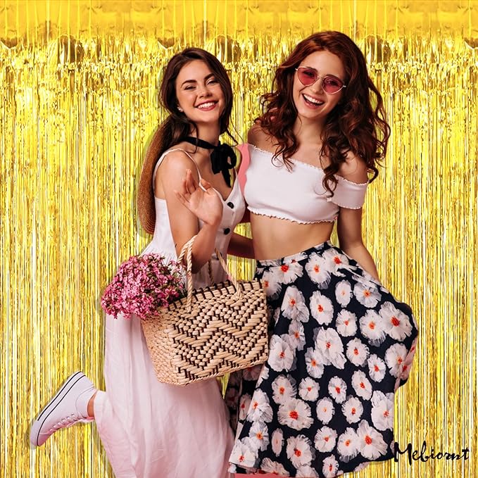 4 Pack Gold Fringe Curtain Backdrop, 3.2Ft x 6.6Ft Metallic Tinsel Foil Fringe Streamers Background for Photo Booth Birthday Wedding Baby Shower Carnival Easter Mother’s Day Party Decorations