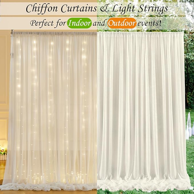 10ft x 7ft Ivory Chiffon Backdrop Curtain with Lights String for Parites Wedding Wrinkle Free Curtain Photo Backdrops Drapes for Baby Shower Birthday Party Home Decorations