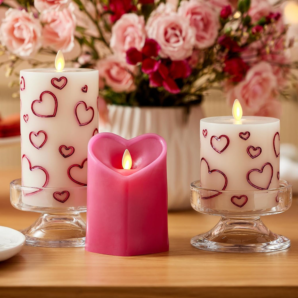 Luminara Debossed Hearts Pillar Candle Metallic Magenta - Patented Flickering Flameless Technology - Valentine's Day Collection - Remote Ready - 4.5"