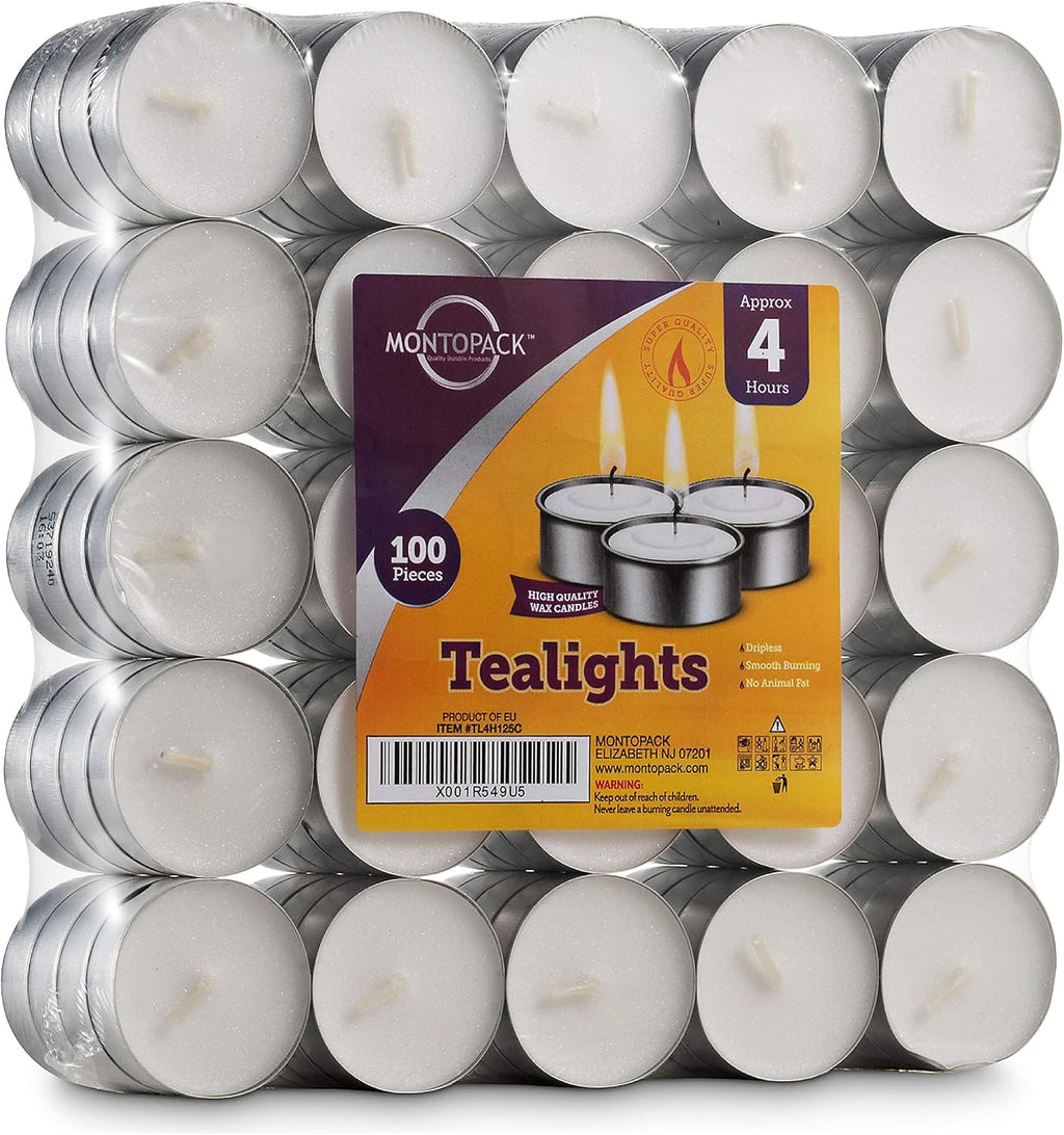 MontoPack Unscented Tea Light Candles 100 Pack | 4 hours, White, Smokeless, Dripless Small Votive Paraffin Tealights | Long-Lasting for Home, Shabbat, Weddings, Events, Emergencies | Mini Candles Bulk