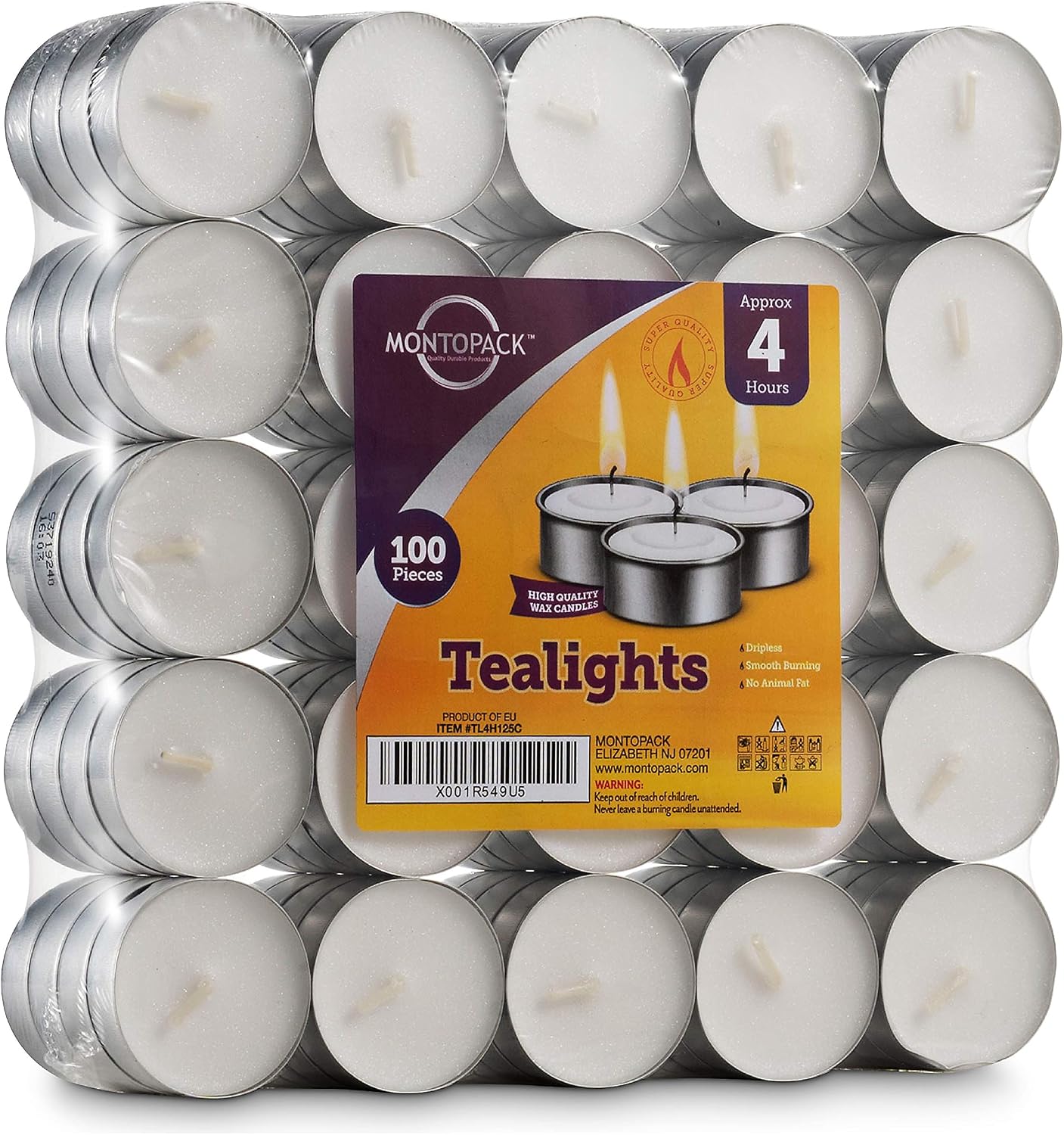 MontoPack Unscented Tea Light Candles 100 Pack | 4 hours, White, Smokeless, Dripless Small Votive Paraffin Tealights | Long-Lasting for Home, Shabbat, Weddings, Events, Emergencies | Mini Candles Bulk