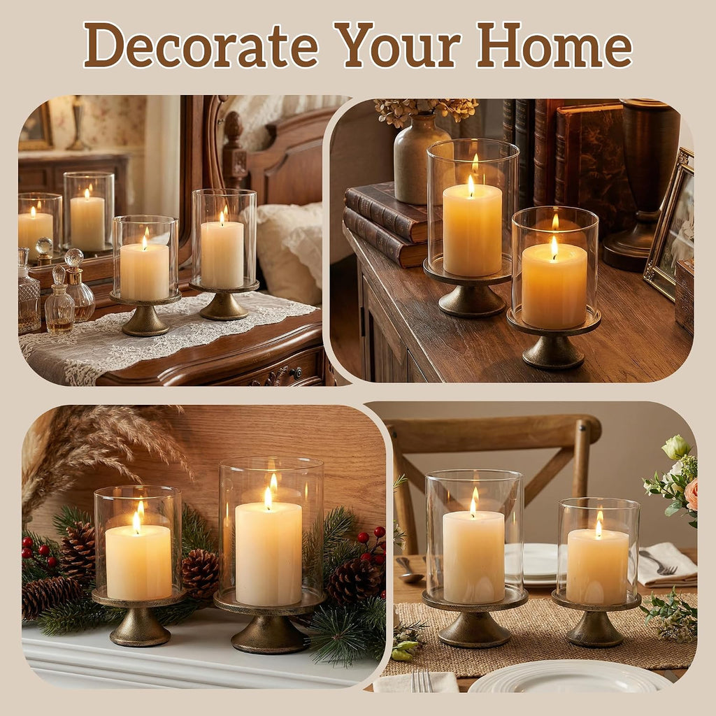 Set of 2 Hurricane Candle Holder Set with Glass Dome & Iron Base – Elegant Decorative Pillar Candle Holders for Living Room, Dining Room & Bedroom Centerpiece - Ideal Home Décor