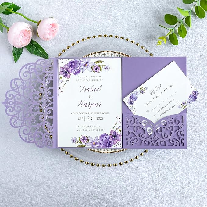 ponatia 20PCS Lilac Quinceanera Invitation Cards, Tri-Fold Laser Cut Wedding Invitations Pockets with Envelopes for 5x7 Wedding Invitation Crads, XV Anos, Baby Shower Party Invite