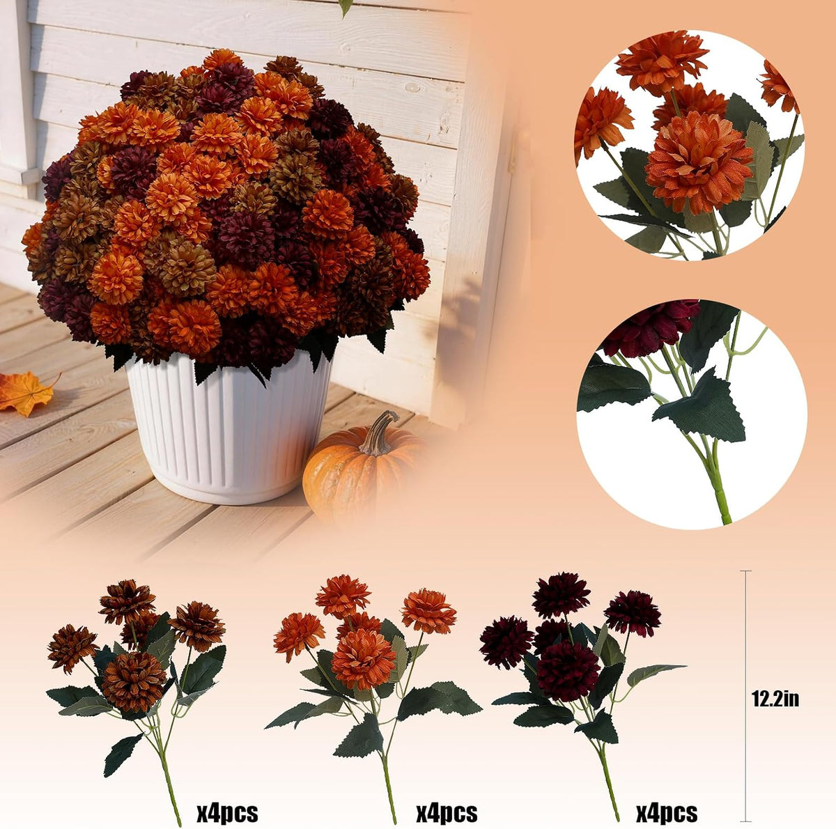 12 bundles artificial fall mums outdoor flowers, uv shown in use