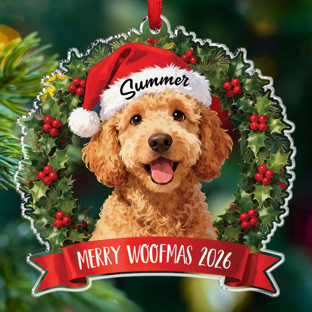 Personalized Goldendoodle Dog Christmas Ornament, Dog Wearing Santa Hat 2D Flat Acrylic Ornament, Gift for Dogs Dad Mom Pet Owners, Merry Woofmas 2026 Custom Name & Text Brown Goldendoodle Ornaments