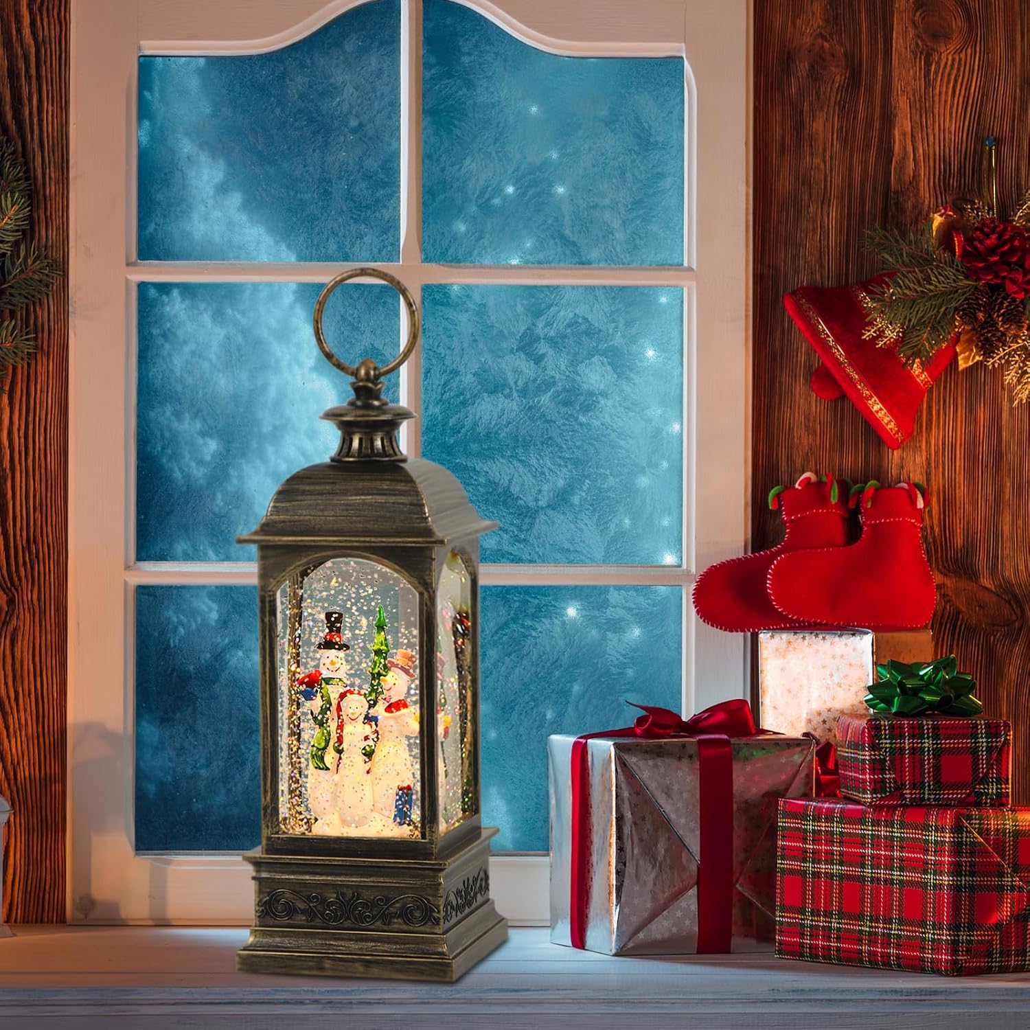 GenSwin Christmas Snow Globes with Music USB Rechargable Cable and Timer, Christmas Lantern Decorations Indoor, 1 Pcs Christmas Music Box with 3 Snowman for Festival Centerpieces