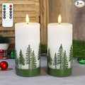 Silverstro Holiday Flameless Candles Green Hand Drawn Christmas Tree Design with Remote Control, Flickering Real Wax Christmas LED Candles - Home Party Bathroom Room Xmas Decorations - Set of 2