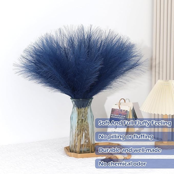 Blue Pampas Grass Decor 30 Pcs 21.7 Inch Faux Pampas Grass Bulk Artificial Dried Flowers Small Vase Filler Pompas Grass.