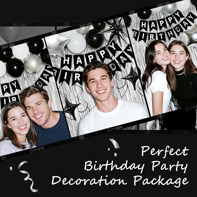 19th Birthday Decorations for Boys Men, Black Silver Happy Birthday Party Decorations， 19 Year Old Party Supplies with Number 19 Balloons, Banner, Fringe Curtains Kit