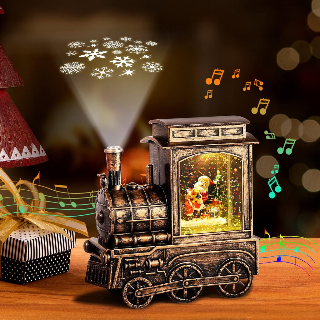 FUSPWEAO Vintage Musical Christmas Snow Globe Lantern with Snowflake Projection, Lighted Christmas Train Snow Globe with Santa, Water Swirling Glitter and 6H Timer, Xmas Gift