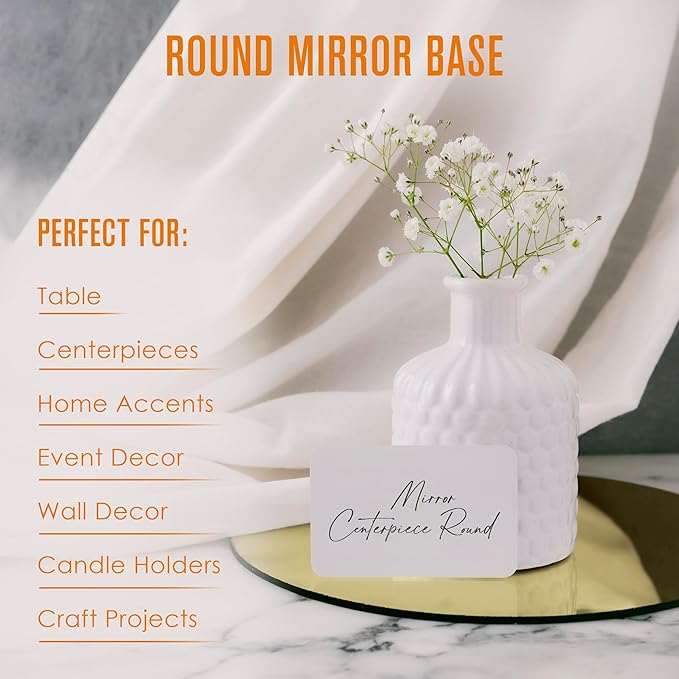 Houseables Gold Mirror Centerpieces For Tables, Round Mirrors For Centerpieces, Mirrored Trays, Round Table Plate Tray, Circle, Glass Charger, Wedding, Center Piece, Small, Base, Candle, 10 Inch, 12PK