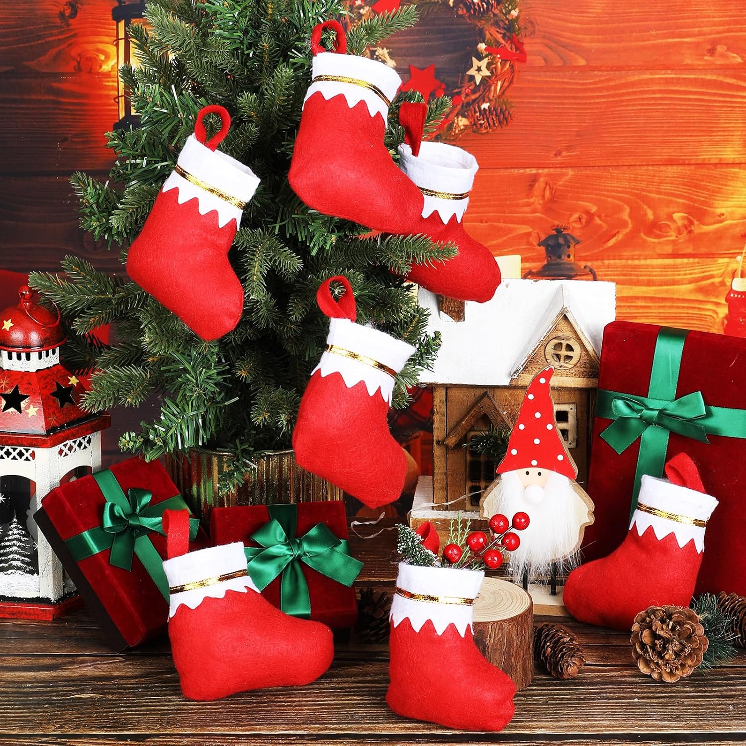 Ceenna 48 Pcs 5 Inch Mini Summer Christmas Stockings Bulk Felt Xmas Stockings July in Christmas Tree Hanging Ornament for Family Holiday Decoration DIY Craft Xmas Kids Stocking Bags(Classic)