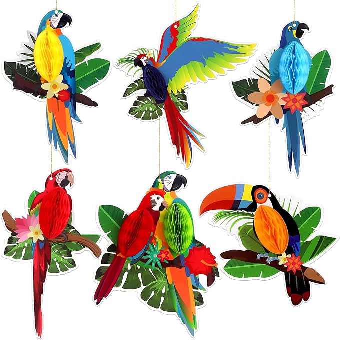 6Pieces Tropical Birds Honeycomb Parrot Paper Cutouts Decorations, Hawaiian Party Hanging Parrot Decorations for Luau Summer Rainforest Party Indoor Outdoor