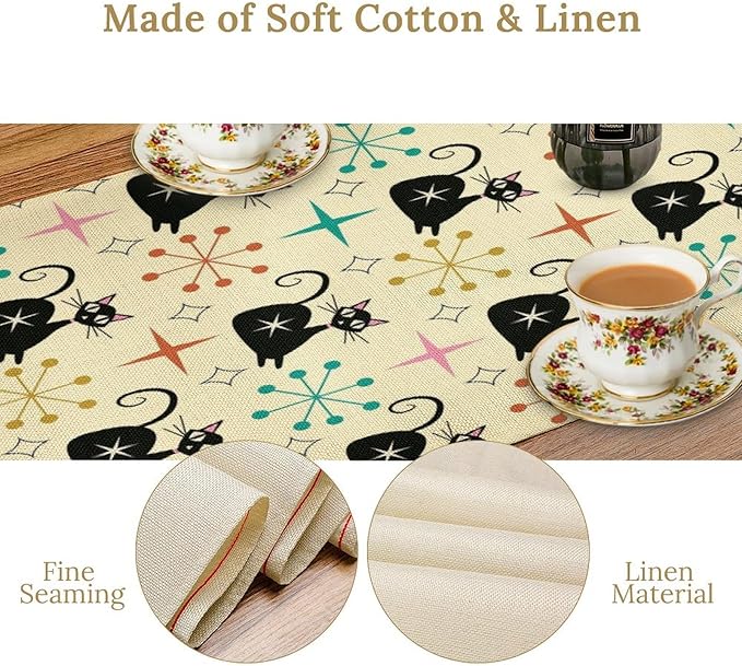 Mid Cat Table Runner, Vintage Black Cat and Atomic Stars 1950s 1960s Abstract Geometric Space Pattern Table Decoration for Home Kitchen Restaurant 13x36 Inches