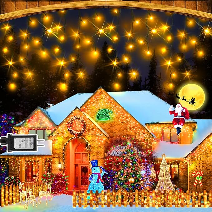 KNONEW 33FT 400 LED Christmas Lights Outdoor Black Wire String Lights with 75 Drops, 8 Lighting Modes, Timer Memory Function Connectable Hanging Curtain Lights for Halloween Party Decor (Warm White)