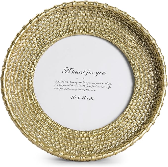 Cuspin Round Picture Frame 4x4 Vintage Gold Frames, Rattan Textured Hand-Crafted Photo Frame with Glass Front, Antique Picture Frame for Tabletop Display & Wall Display, Retro Design Home Decor
