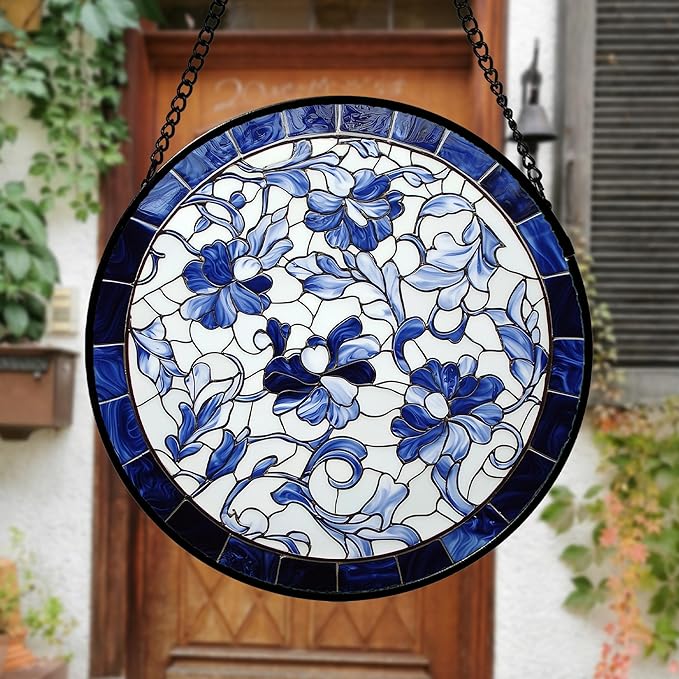 Stained Glass Window Hanging, Blue and White Abstract Flowers Sun Catcher for Door Home Decor Suncatcher Christmas Mother's Day Birthday Gifts for Women Men Mom and Nana 9.8 in