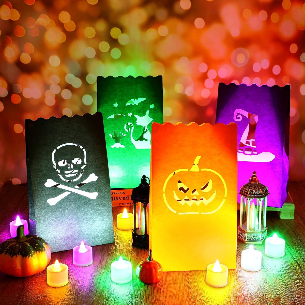 Meanplan 48 Pcs Halloween Luminary Bags with LED Light Candles Set, Novel