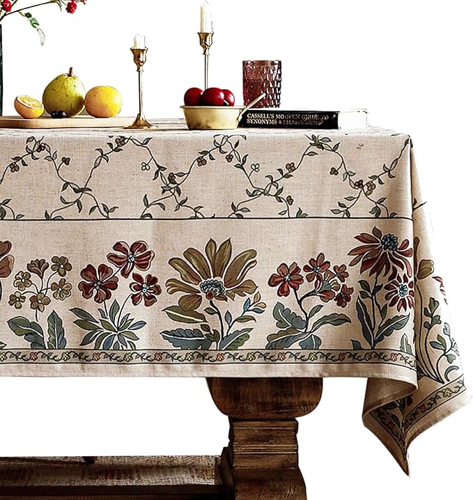 patdrea Designer Linen French Tablecloth for Rectangle Table,Fall Country Breathable Floral Tablecloths,Table Cover for Kitchen Dining,Tea Party,Christmas,Thanksgiving,63"x87"-Oliveirad