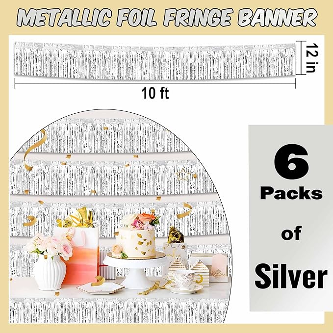 6 Pack 10 Ft Silver Foil Fringe Garland Metallic Streamers Tinsel Banner Wall Hanging Garland Backdrop for Parade Floats, Halloween, Christmas, Thanksgiving, New Year Party Decorations