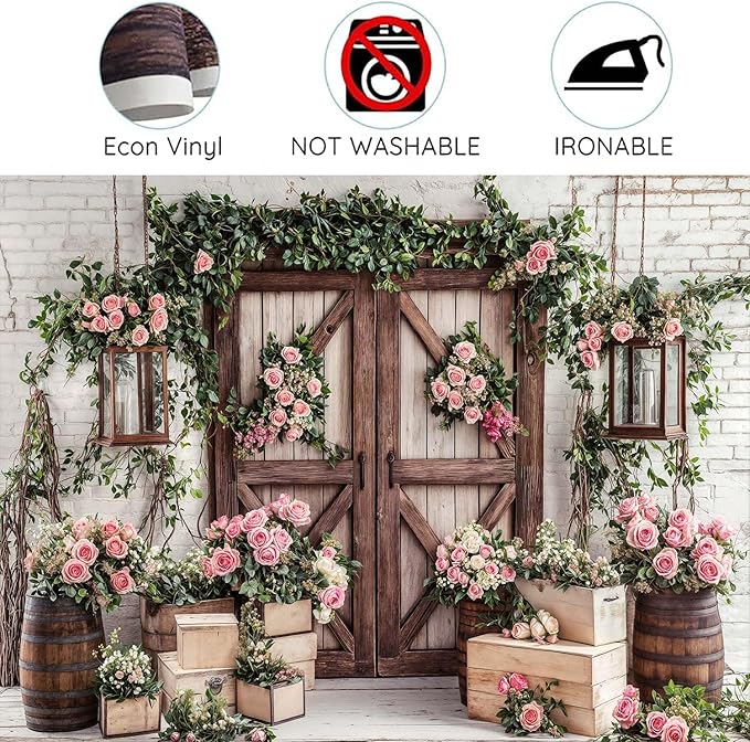 10x10ft Country Wedding Photography Backdrop Floral Rustic Roses Farmhouse Wooden Door Backdrop Pink Flower Birthday Baby Shower Wedding Bridal Party Banner Photo Booth Props Anniversary Background