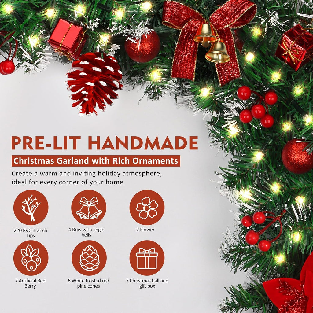 doiown christmas garland with lights,9ft prelit christmas garland, close-up detail