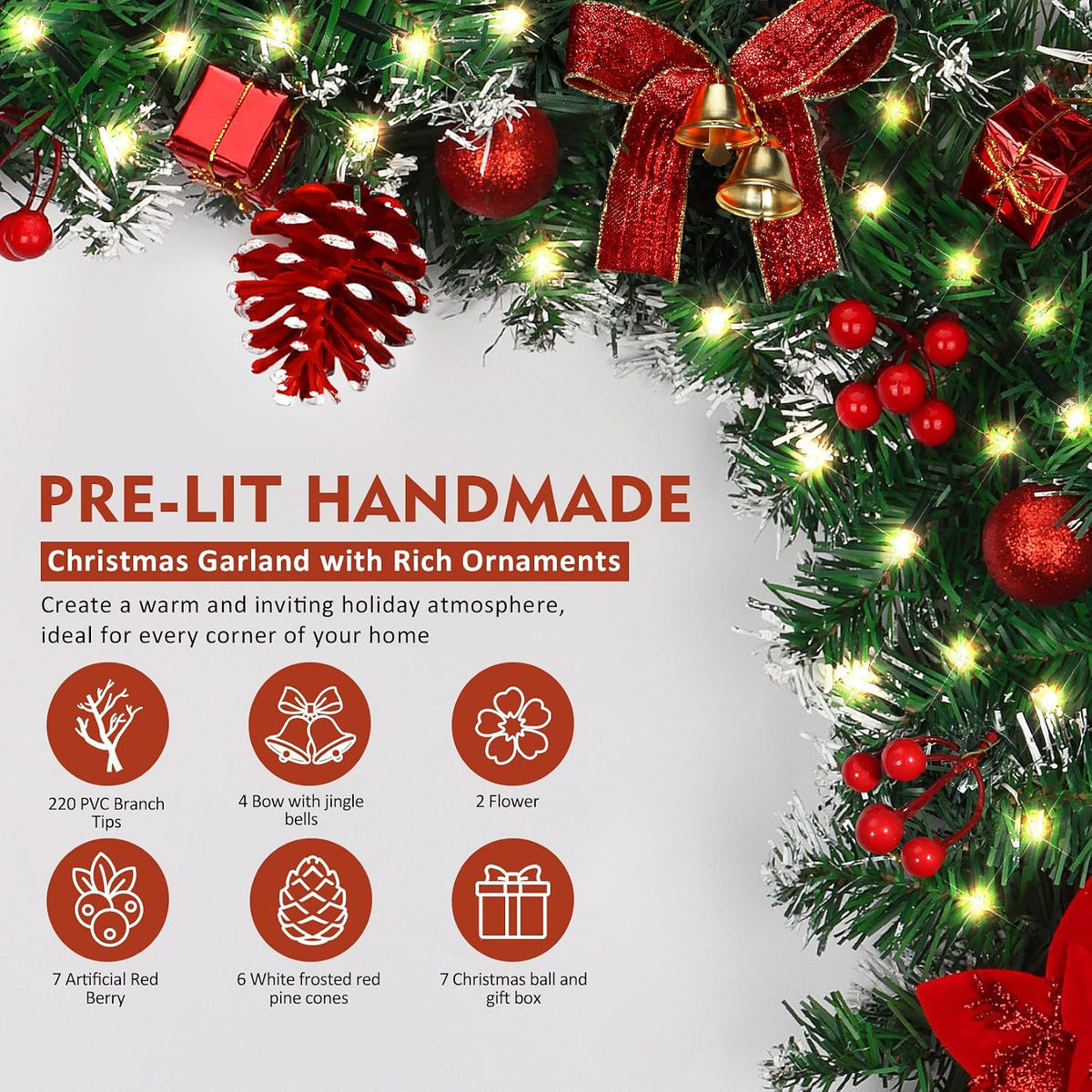 doiown christmas garland with lights,9ft prelit christmas garland, close-up detail