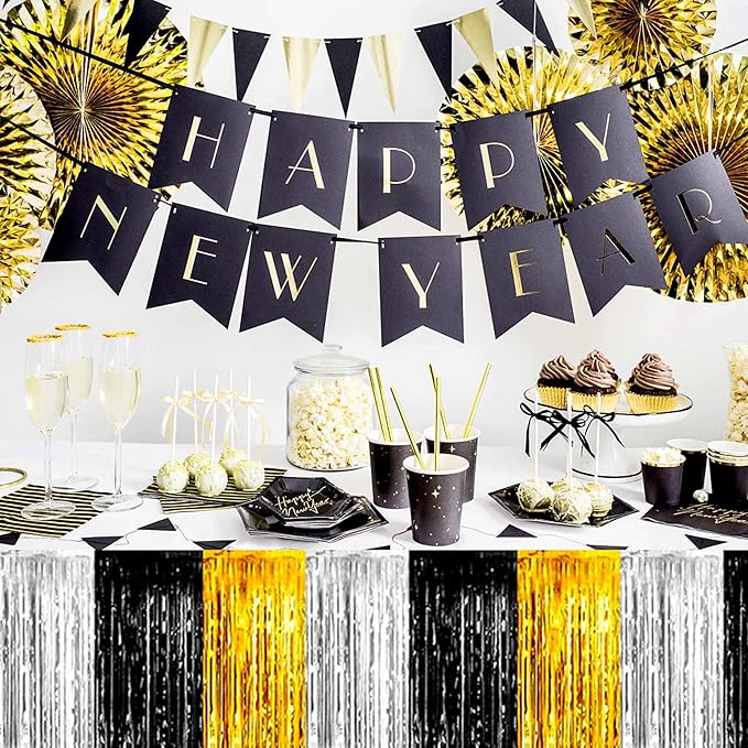 3 Pack 29 x108 Inch Black Gold Silver Foil Fringe Table Skirts Metallic Banner for Tinsel Streamer Garland Backdrop for Parade Floats Mother's Day, Graduate, Birthday, Wedding Party Decoration