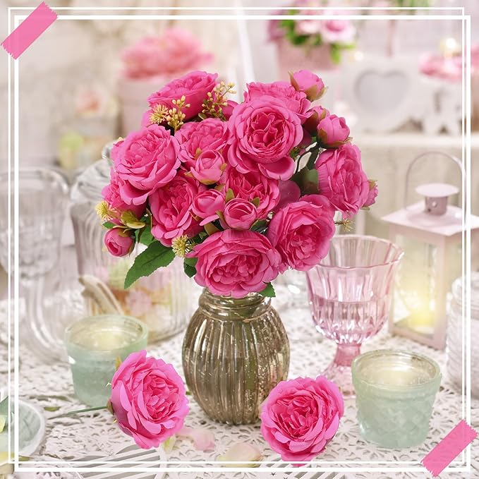 8 Bundles Artificial Peonies Flowers Boho Faux Flowers Arrangements Artificial Centerpiece Spring Bouquet Floral Wedding Decoration for Vase (Hot Pink)