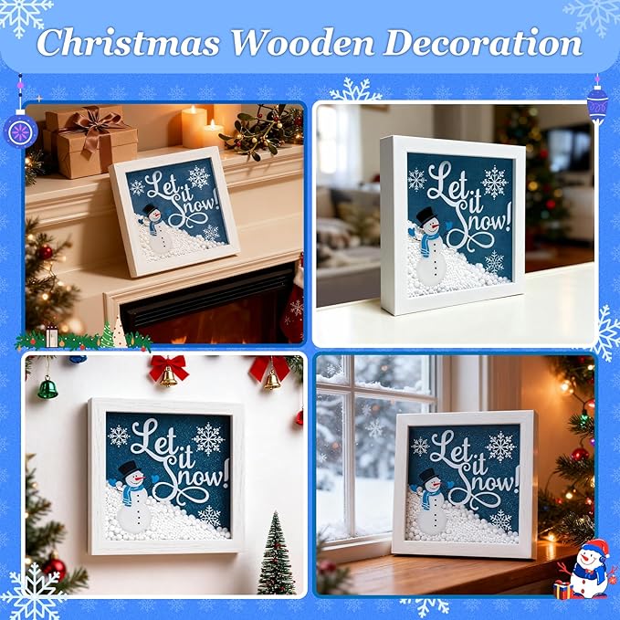 Christmas Wooden Tabletop Sign Blue Snowman with Snowflake Block Sign Xmas Table Centerpiece for Winter Holiday Party Home Shelf Fireplace Mantle Decoration