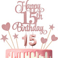 15th Birthday Cake Decorations, 15th Birthday Candles Cake Numeral Candles and Glitter Happy 15th Birthday Cake Toppers Set for Birthday Party Supplies (Rose Gold)
