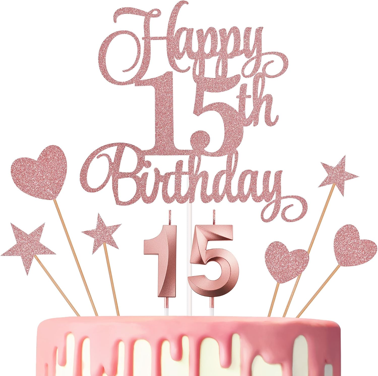 15th Birthday Cake Decorations, 15th Birthday Candles Cake Numeral Candles and Glitter Happy 15th Birthday Cake Toppers Set for Birthday Party Supplies (Rose Gold)