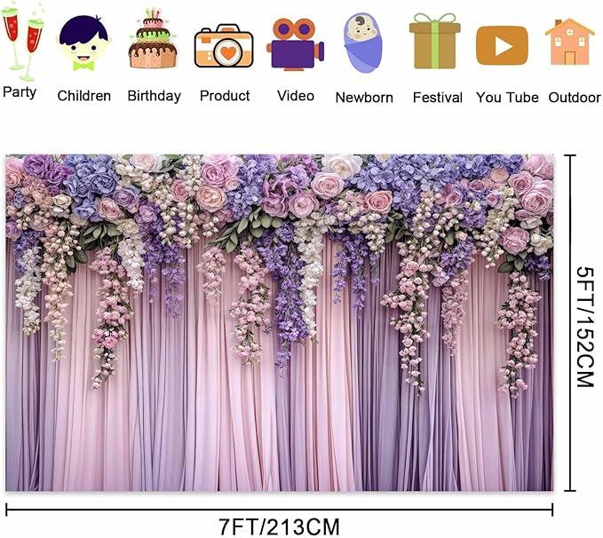 10x8ft Purple Flower Wedding Photography Backdrop Lavender Floral Wedding Bridal Photography Backdrop Anniversary Birthday Baby Shower Girl Party Banner Photo Booth Props Background Wall Decor