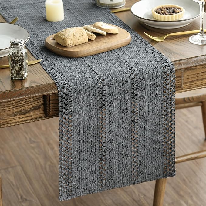 Artoid Mode Dark Grey Farmhouse Woven Rustic Hollow Table Runner, Seasonal Holiday Hollow Kitchen Dining Table Decoration for Home Party Decor 12x72 Inch