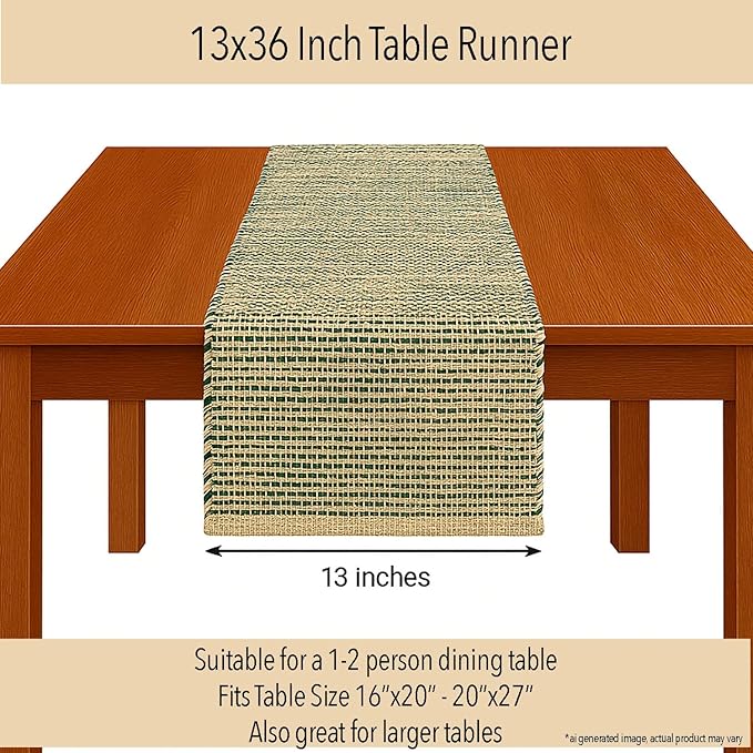 Chardin home Natural Jute Table Runner 13x36 Inch – Vintage Boho Rustic Table Decor – Handwoven Table Runner in Natural Jute and Green – Farmhouse Dining or Console Table Accent