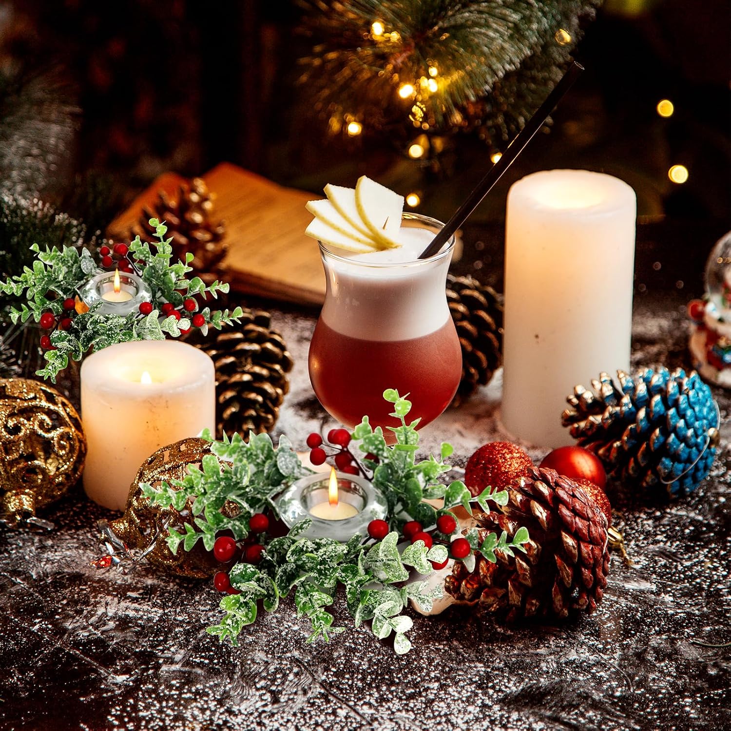 4 Pcs Christmas Candle Rings Wreath Red Berries with Eucalyptus Leaves 3.15inch, Snowy Small Wreath Candle Ring Holder for Pillars, Christmas Home Kitchen Cabinet Table Centerpieces Decor