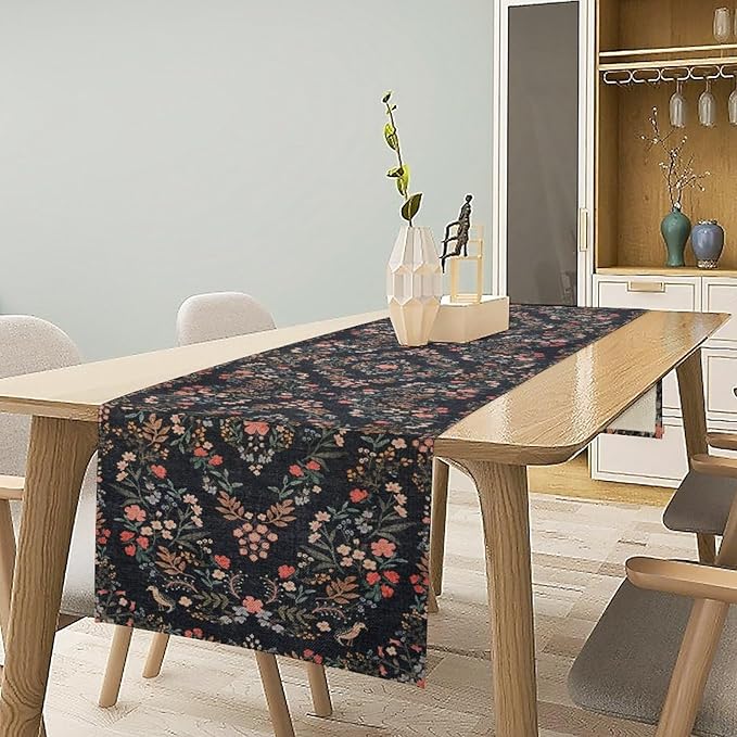 Morris Flower Table Runner, Vintage Blue Floral Rustic Country Style Floral Print Pattern for Home Kitchen Table Decor Dining Coffee Room Garden Party Decor 13x36in