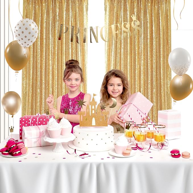 Gold Curtains Backrop for Wedding Parties: 3ftx8ft Gold Sequin Photo Backdrop Drapes for Baby Shower Photography Background - 2 Packs