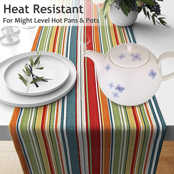Ruvanti 100% Cotton Table Runner 48 Inches Long, Non-Slip, Stain Resistant, Washable & Reusable Table Runners Perfect for Wedding, Parties, Christmas, Holiday, in-Door use - Multi Stripe