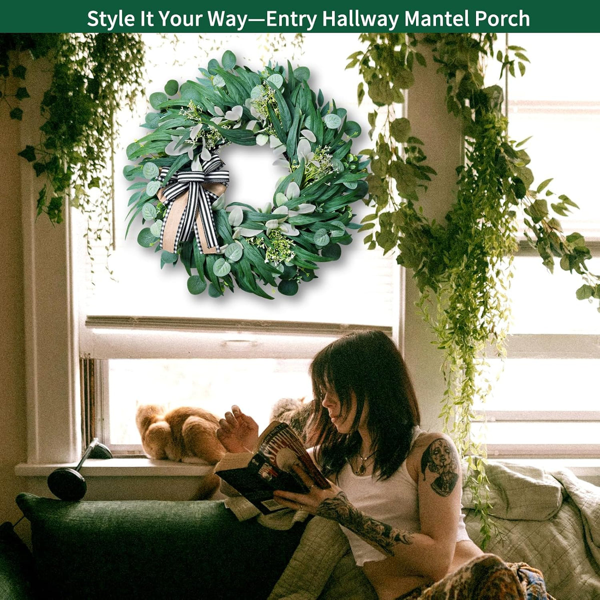 26 in large farmhouse wreaths for front door, close-up detail
