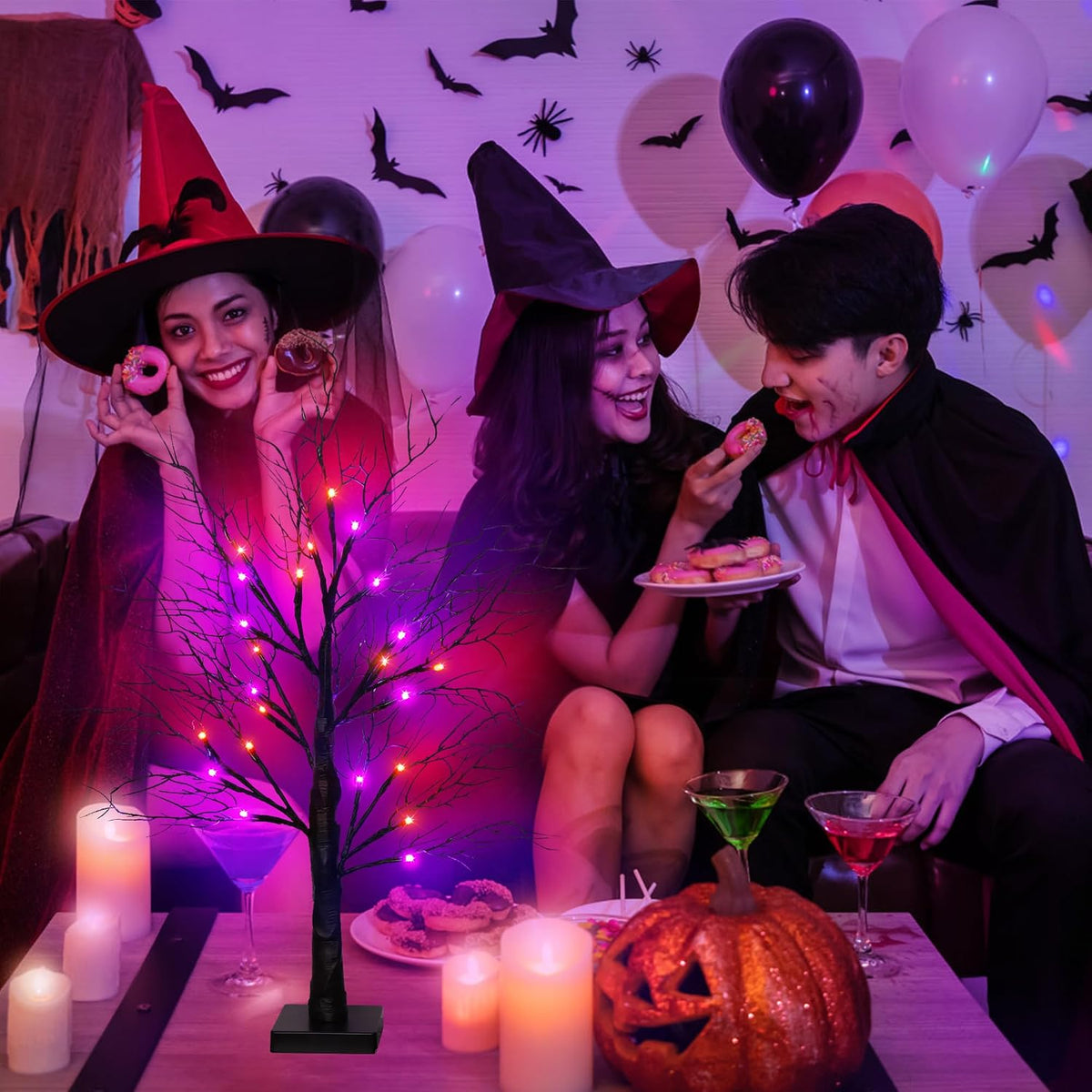 Halloween Decorations Indoor 2 Pack 24 Inch Black Halloween Tree with 48 Oran...