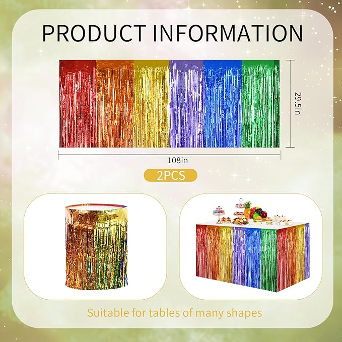 BEISHIDA 2 Pack Rainbow Metallic Tinsel Foil Fringe Table Skirts for Rectangle and Round Tables - Kids' Birthday, Baby Shower, Holiday Party Decor