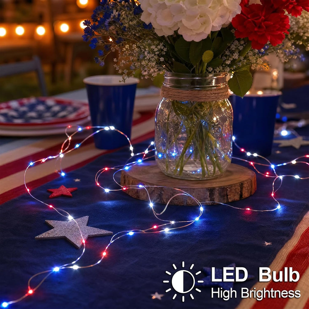 4th of July Patriotic Decorations, Red White Blue Fairy String Lights, Battery Operated with Timer, 2 Pack Total 33FT 100 Led Mini Battery Powered Mason Jar Firefly Lights DIY Party Memorial Day
