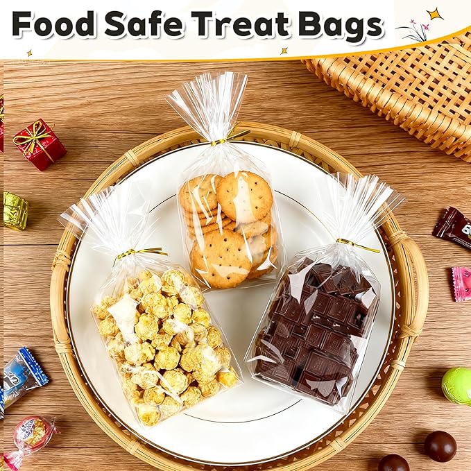 PigPotParty Cellophane Treat Bags 6"x9", 50 Pack Clear Goodie Bags, 2.4" Bottom Gusset for Stand-Up Display, Small Plastic Gift Wrap for Cookies, Candy, Party Favors, Popcorn, Includes 50 Gold Ties