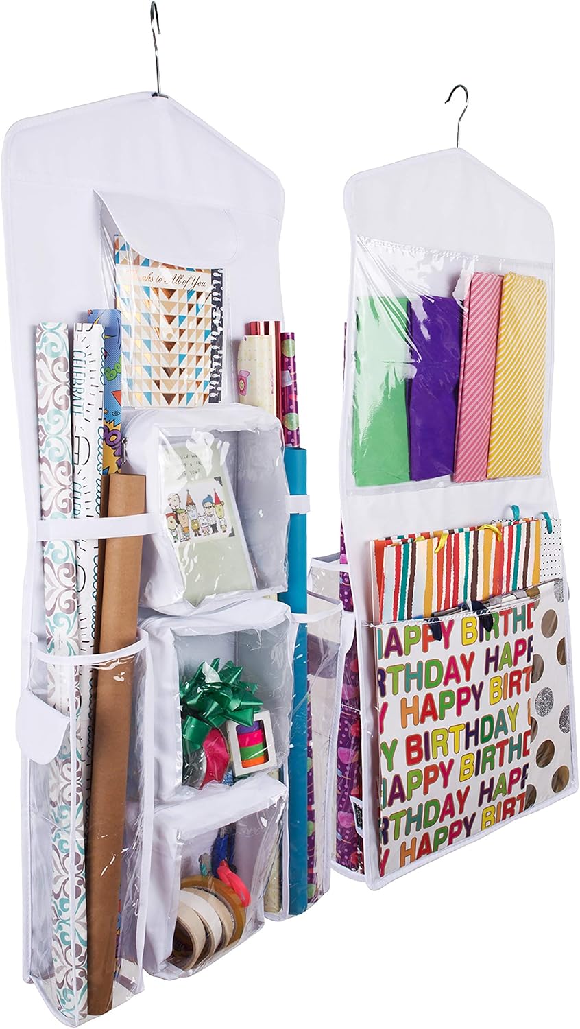 Double-Sided Hanging Gift Bag and Gift Wrap Organizer (White)