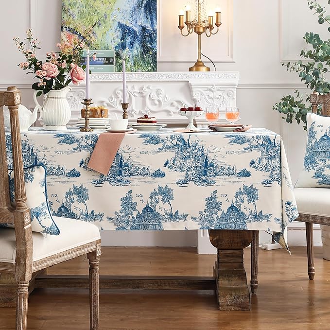 patdrea Designer Vintage Cyan Long Tablecloth for Rectangle Table,Linen Ancient Castle and Manor Pattern Tablecloths,Table Cover Decor for Kitchen Dining Christmas,Thanksgiving,63"x102"-Lucerne a