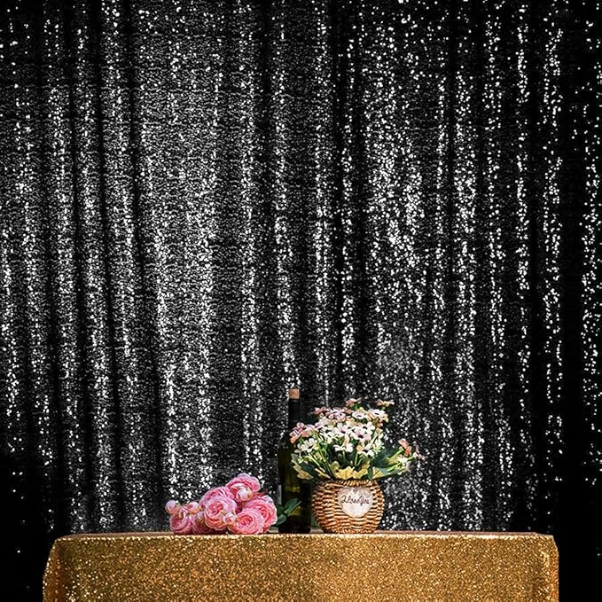JYFLZQ Black Sequin Backdrop Curtains 4ft x 8ft 2 Panels Glitter Photo Booth Backdrops Sparkly Photography Background Drapes for Halloween Father's Day Graduation Birthday Parties